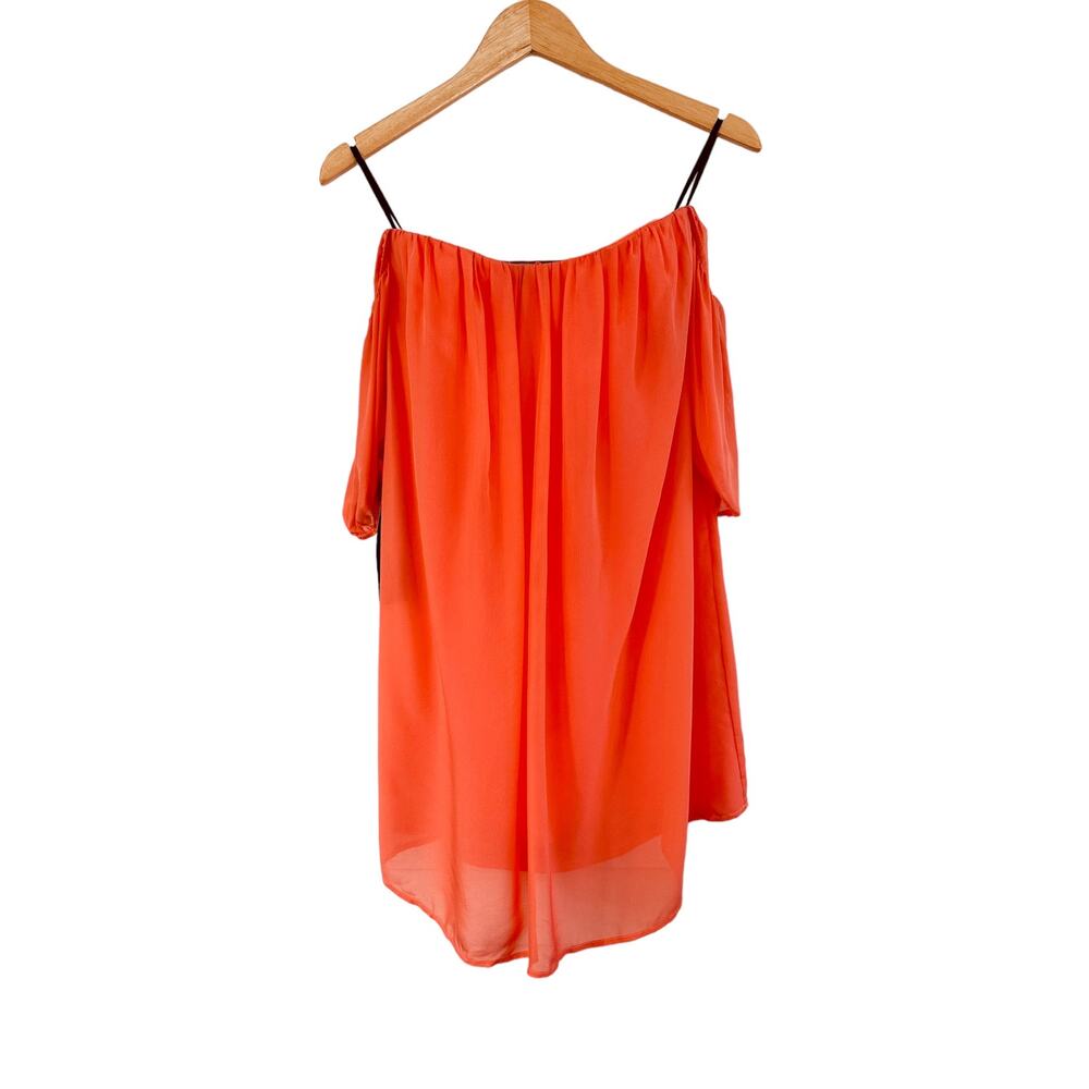 Bebe Off Shoulder Silk Chiffon Convertible Loose Fit Coral Orange Dress Size 4
